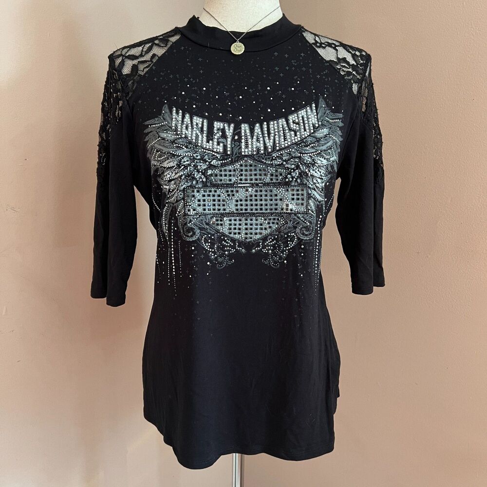 Harley Davidson Black‎ McBling Embellished Graphic Top Lace Sleeve Y2K Biker L